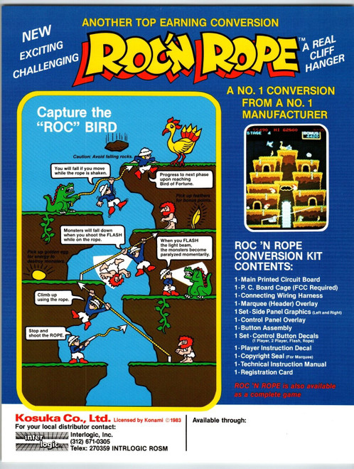 Roc'n Rope Arcade Video Game Flyer Original 1983 Retro Art 2 Sides 8.5" x 11"