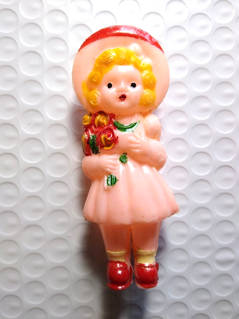 Toy Doll Rattle Hard Plastic Hand Painted Red Pink Body Blonde Girl 3.25" Retro