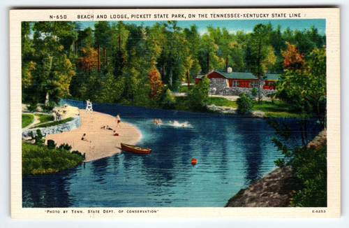 Beach & Lodge Pickett State Park Swimmers Boat Tennessee Kentucky Postcard Linen