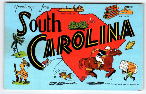 Greetings From South Carolina Polo Pony Horse Fishing Postcard Map Linen Kropp