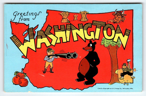 Greetings From Washington Postcard Map Hunter Goofy Bear Lumberjack Linen Kropp