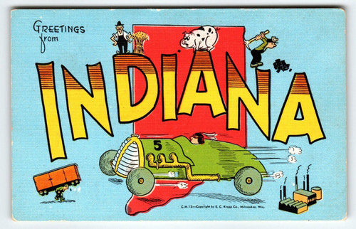 Greetings From Indiana Auto Race Car Pig Farmer Factory Postcard Map Linen Kropp