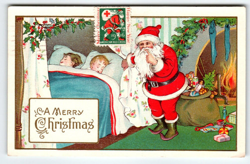 Christmas Postcard Santa Claus Kids Asleep 1916 Red Cross Stamp Stecher 55