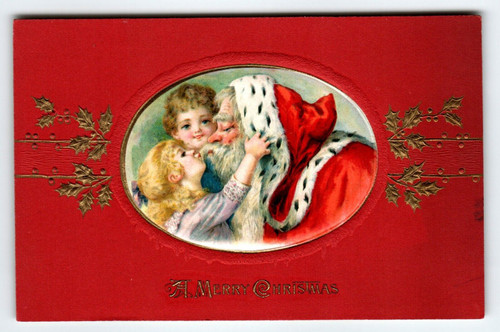 Santa Claus Kissing Kids Christmas Postcard John Winsch Germany Embossed Oval