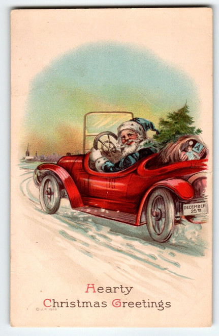 Santa Claus Christmas Postcard Blue Suit Coat Drives Red Automobile Car Dec 31st