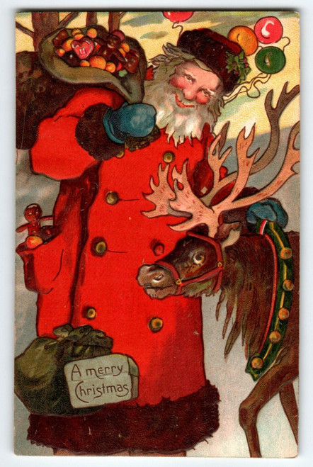 Santa Claus Merry Christmas Postcard Germany Reindeer Balloons Embossed H 3023