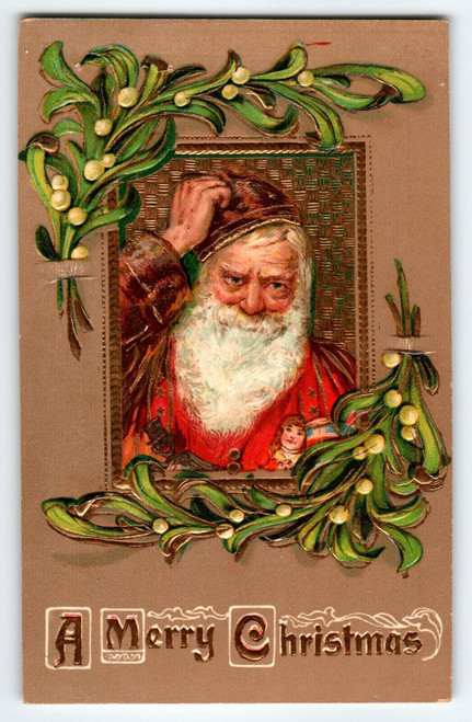 Santa Claus Christmas Postcard Scratches His Head Brown Hat Embossed Germany