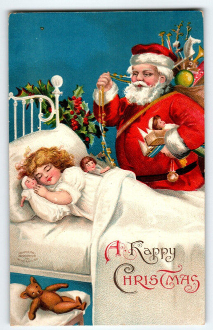 Santa Claus Christmas Postcard Ellen Clapsaddle Girl Sleeps 1908 Vintage Germany