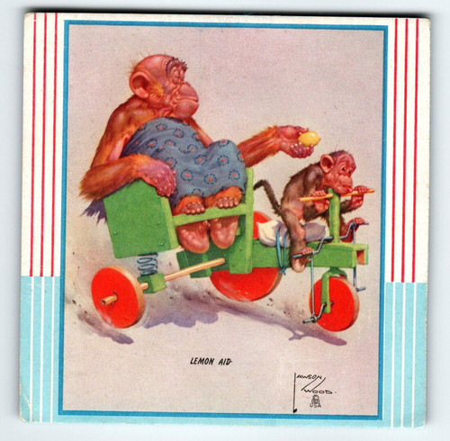 Monkey & Chimp On Tricycle Lemon Aid Fantasy Trade Card Artist Lawson Wood 1940s