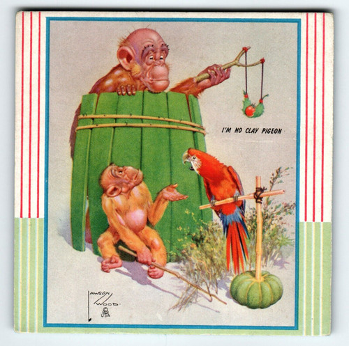 Monkey Chimp Parrot Anthropomorphic Fantasy Trade Card Artist Lawson Wood 1940's