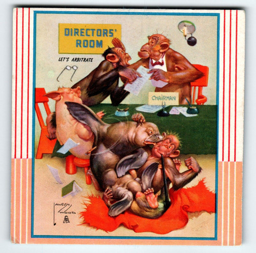 Monkey Dressed Directors Room Seal Fantasy Trade Card Artist Lawson Wood 1940's