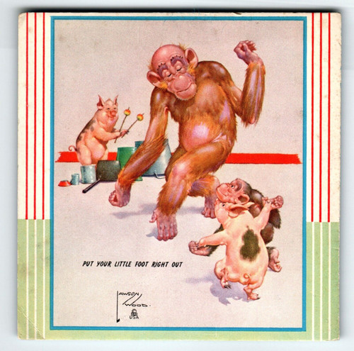 Monkey Chimp Dancing With Pig Drum Fantasy Trade Card Artist Lawson Wood 1940's