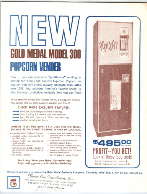 Gold Medal Model 300 Popcorn Vendor Vending Machine FLYER Original Vintage Retro