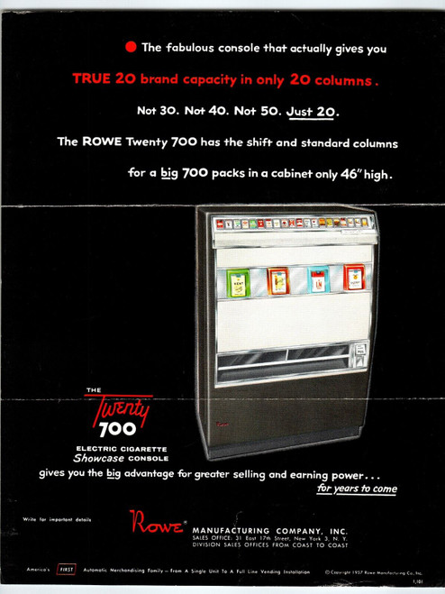 Rowe Twenty 700 Cigarette Machine Vendor 1957 Vending Machine FLYER Original