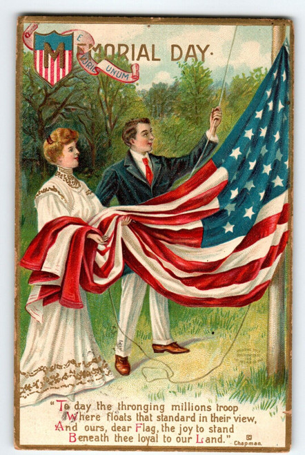 Decoration Memorial Day Postcard Patriotic Women Man Holds Flag Chapman 1909