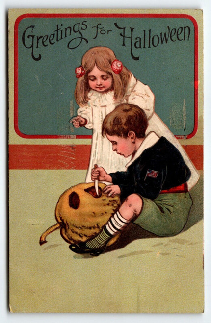 Halloween Greetings Postcard Boy Girl JOL Germany PFB Series 9422 Antique 1909
