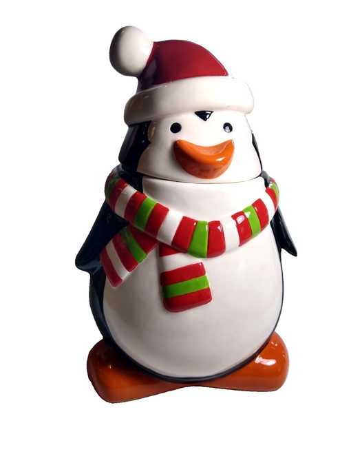 Gibson Christmas Winter Season Penguin 8" Cookie Jar Ceramic With Lid 2011