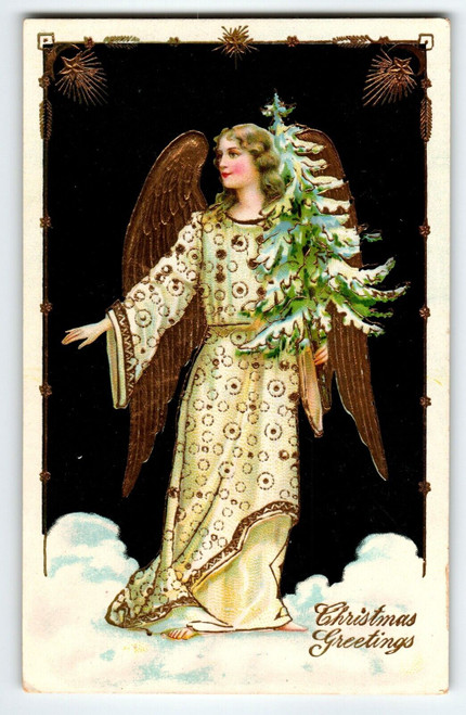 Gold Trimmed Angel Holding X-mas Tree Gel Coat Christmas Postcard Germany 1914