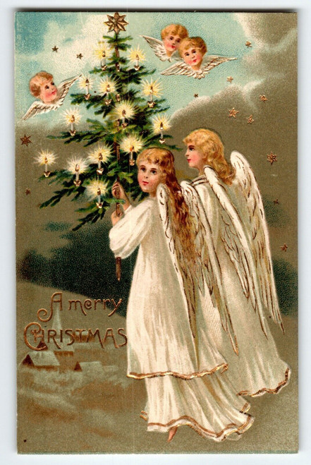 Two Angels Hold Lit Xmas Tree Cherub Heads Flying Christmas Postcard Germany