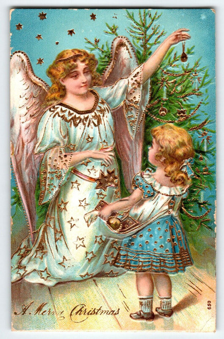 Angel Child Gold Tree Christmas Postcard 650 Germany Otto Schloss Embossed 1907