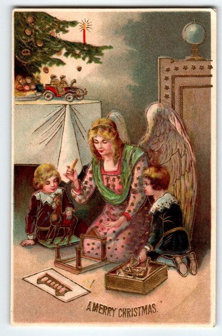 Gold Trimmed Angel X-mas Tree Children Toys Christmas Postcard Germany Vintage