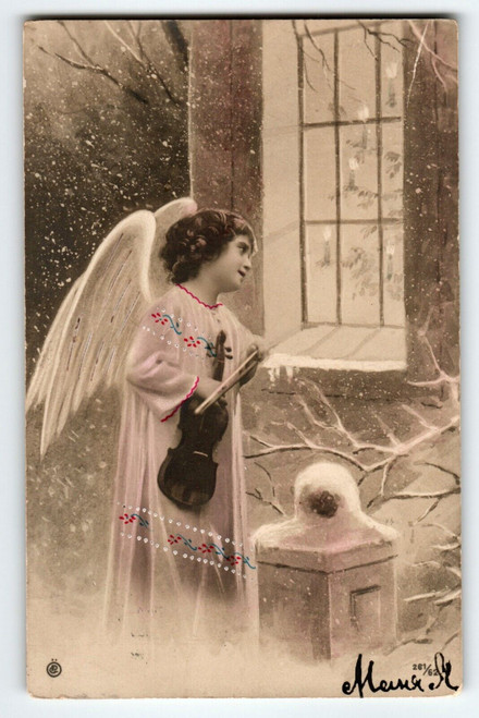 Angel With Violin Beaded Dress X-mas Tree Candles Snow Christmas Postcard