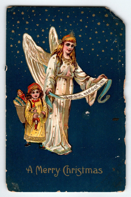 Angel Holds Script Child Toys Stars Christmas Postcard Vintage Embossed Antique
