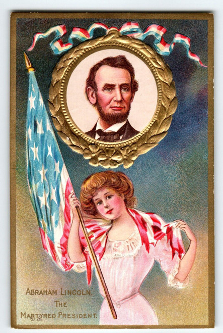 Abraham Lincoln Lovely Women US Flag Embossed Postcard Nash Series 2 Patriotic