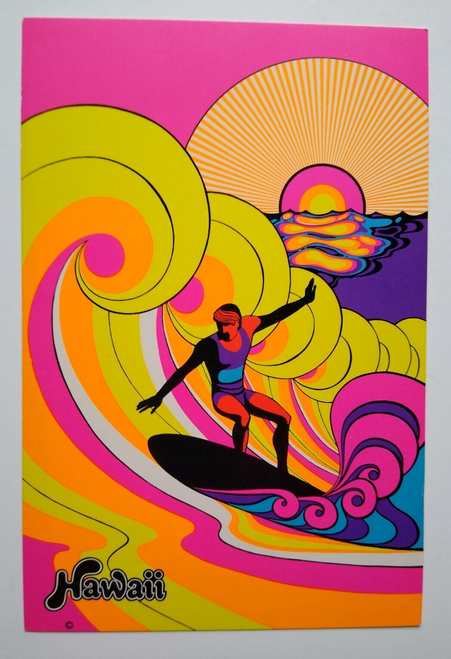 Hawaiian Surfer Waves Sun Psychedelic Postcard Ponio Craft Groovy Mod Hawaii