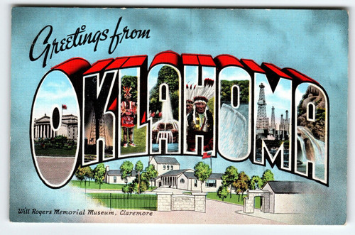 Greetings From Oklahoma Postcard Large Letter Kropp Vintage Will Rogers Linen