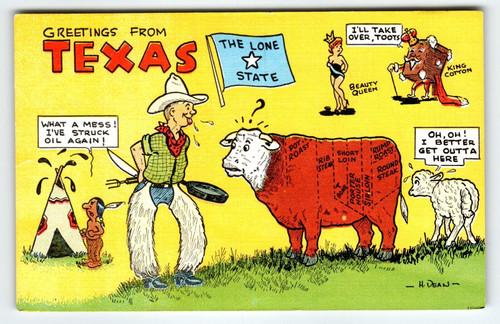 Greetings From Texas Cowboy Beauty Queen Animals Postcard Linen EC Kropp H Dean