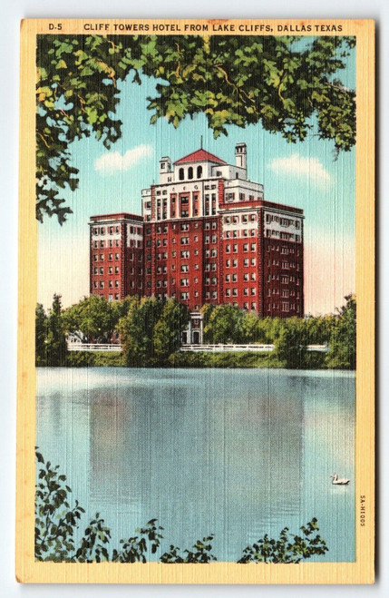 Cliff Towers Hotel From Lake Cliffs Dallas Texas Linen Postcard Curt Teich