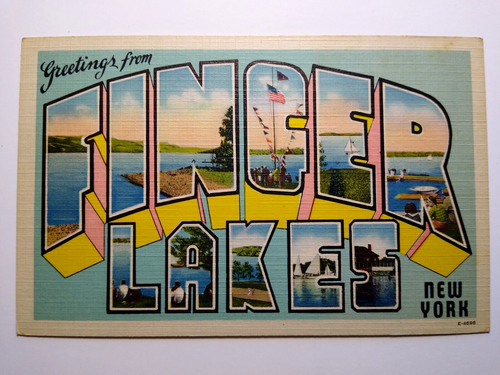 Greetings From Finger Lakes New York Large Letter Linen Postcard Vintage NY