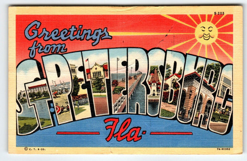 Greetings From St Petersburg Florida Large Letter Linen Postcard Beach Town 1943