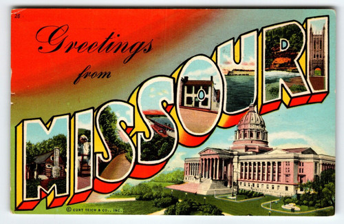 Greetings From Missouri Large Big Letter Postcard Chrome Curt Teich 1955 Vintage