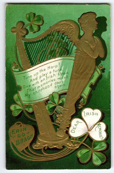 St Patrick's Day Postcard 1909 Irish Memories Erin Go Bragh Ireland Gold Harp