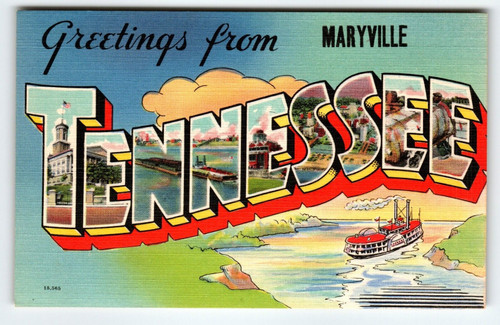 Greetings From Maryville Tennessee 1950's Large Letter Postcard Linen Ferry Boat