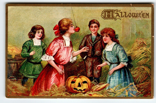 Halloween Postcard Tuck Apple Games Women In Barn JOL Embossed Series 183 German