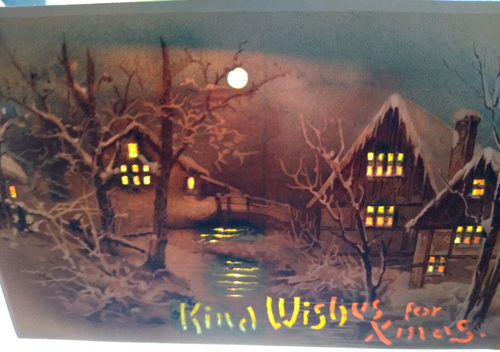 Hold To Light Postcard Christmas Snow Covered Cottages Woods Moon Kind Wishes