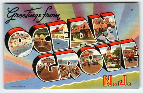 Greetings From Ocean Grove NJ Linen Large Letter Postcard New Jersey Beach Town