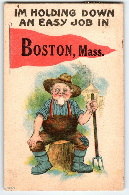 I'm Holding Down An East Job In Boston Mass Linen Postcard Farmer With Pitchfork