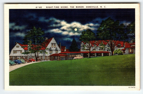 Night Time Scene The Manor Old Cars Moon Asheville North Carolina Linen Postcard