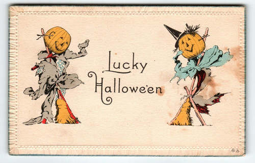 Halloween Postcard Lucky Scarecrows Witch Vintage Embossed Edges Nash Series 8 A