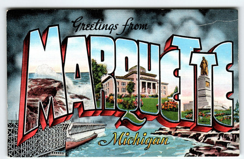 Greetings From Marquette Michigan Large Big Letter Postcard Linen Unused Kropp