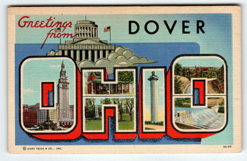 Greetings From Dover Ohio 1940's Vintage Large Letter Postcard Linen Curt Teich