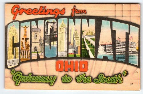 Greetings From Cincinnati Ohio 1940's Large Letter City Postcard Linen V1949
