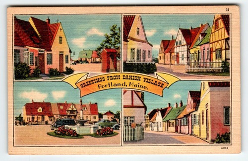 Greetings From Portland Maine Danish Village 1940's Multi View Postcard Linen