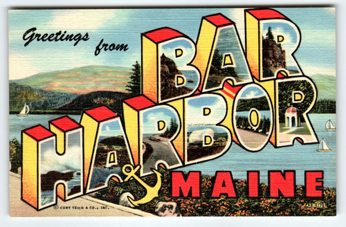 Greetings From Bar Harbor Maine 1940's Vintage Large Big Letter Postcard Linen