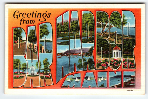 Greetings From Bar Harbor Maine 1950's Vintage Large Letter Postcard Linen 1953