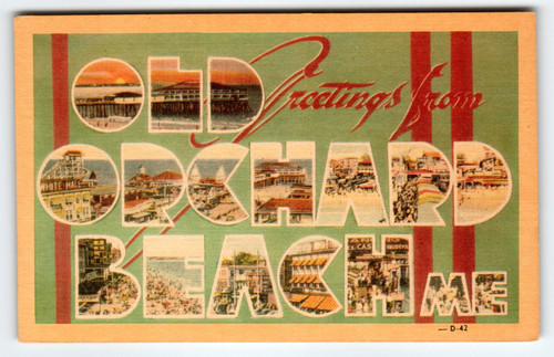 Greetings From Old Orchard Beach Maine 1940's Large Letter Linen Postcard Dexter